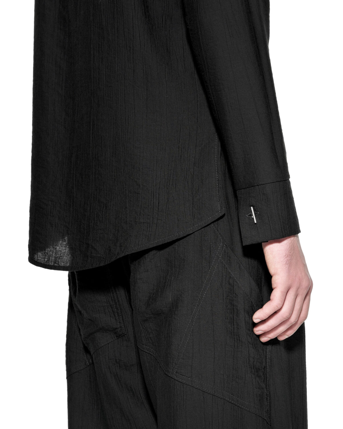 MINOAR - Array Longsleeve Shirt, Men's black viscose shirt with raised collar - 6