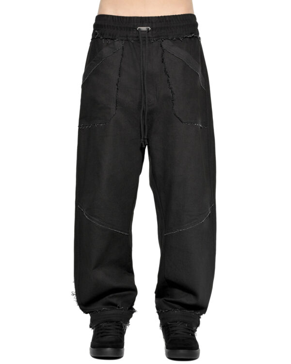 MINOAR - Fracture Volume Denim Pants, Men's black cotton pants with diagonal welt pockets - 1