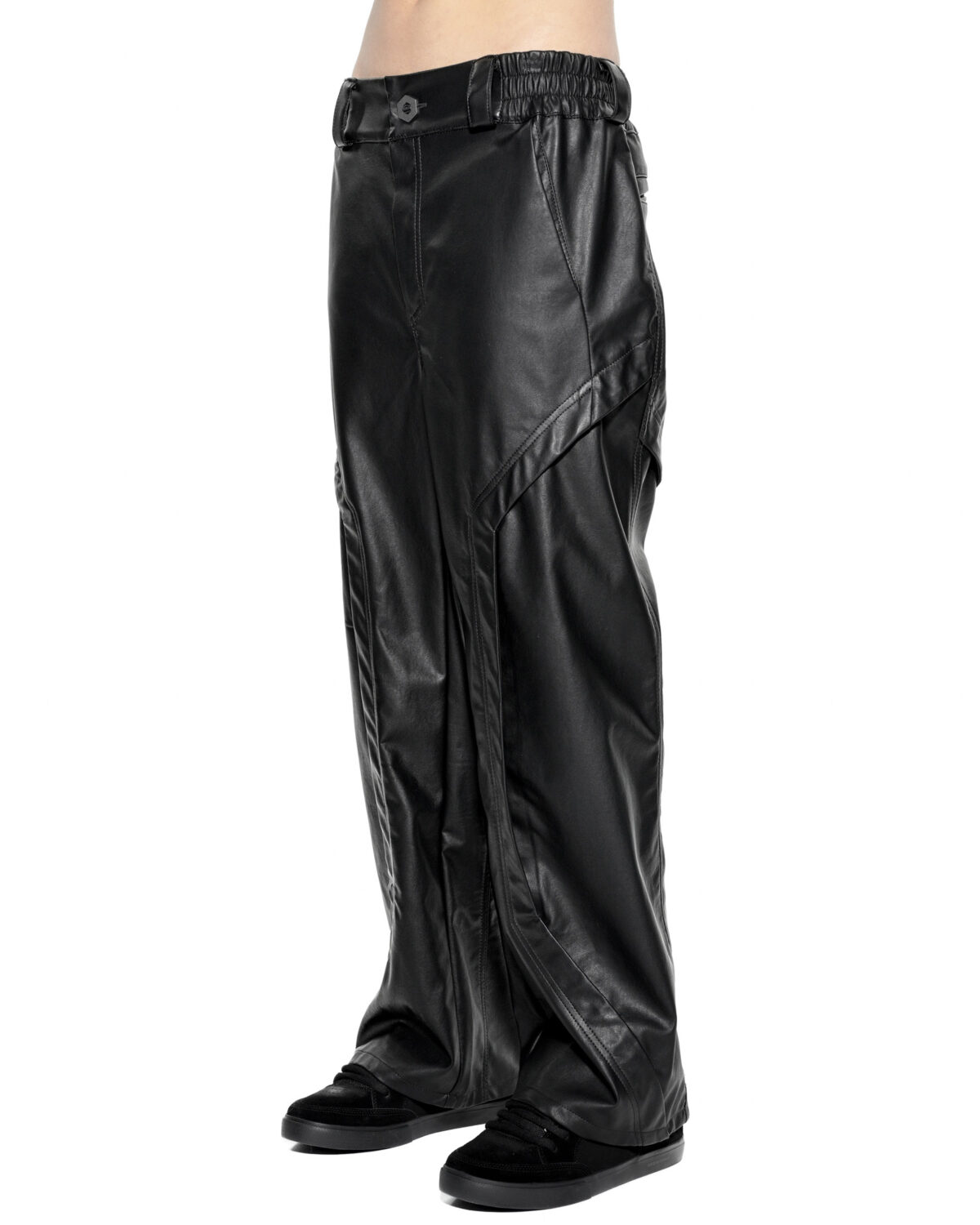 MINOAR - Apex Leather Segment Trousers, Men's black leather trousers with diagonal welt pockets - 3