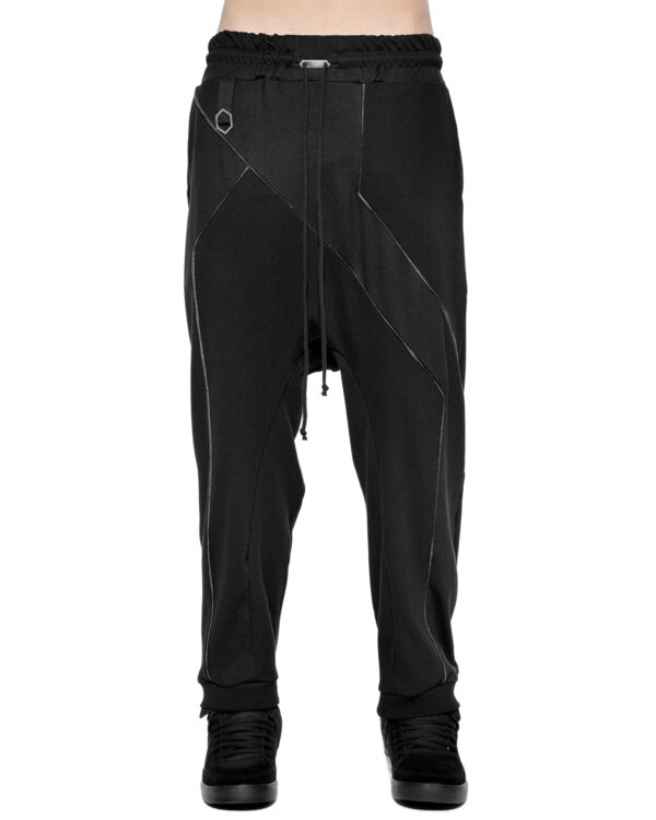MINOAR - Cluster Panel Drop Crotch Pants, Men's black cotton pants with drop-crotch silhouette - 1