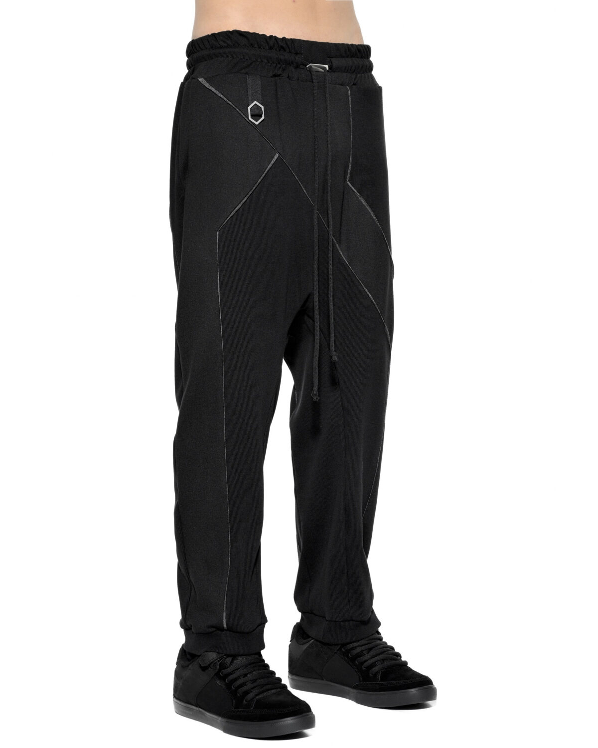 MINOAR - Cluster Panel Drop Crotch Pants, Men's black cotton pants with drop-crotch silhouette - 4