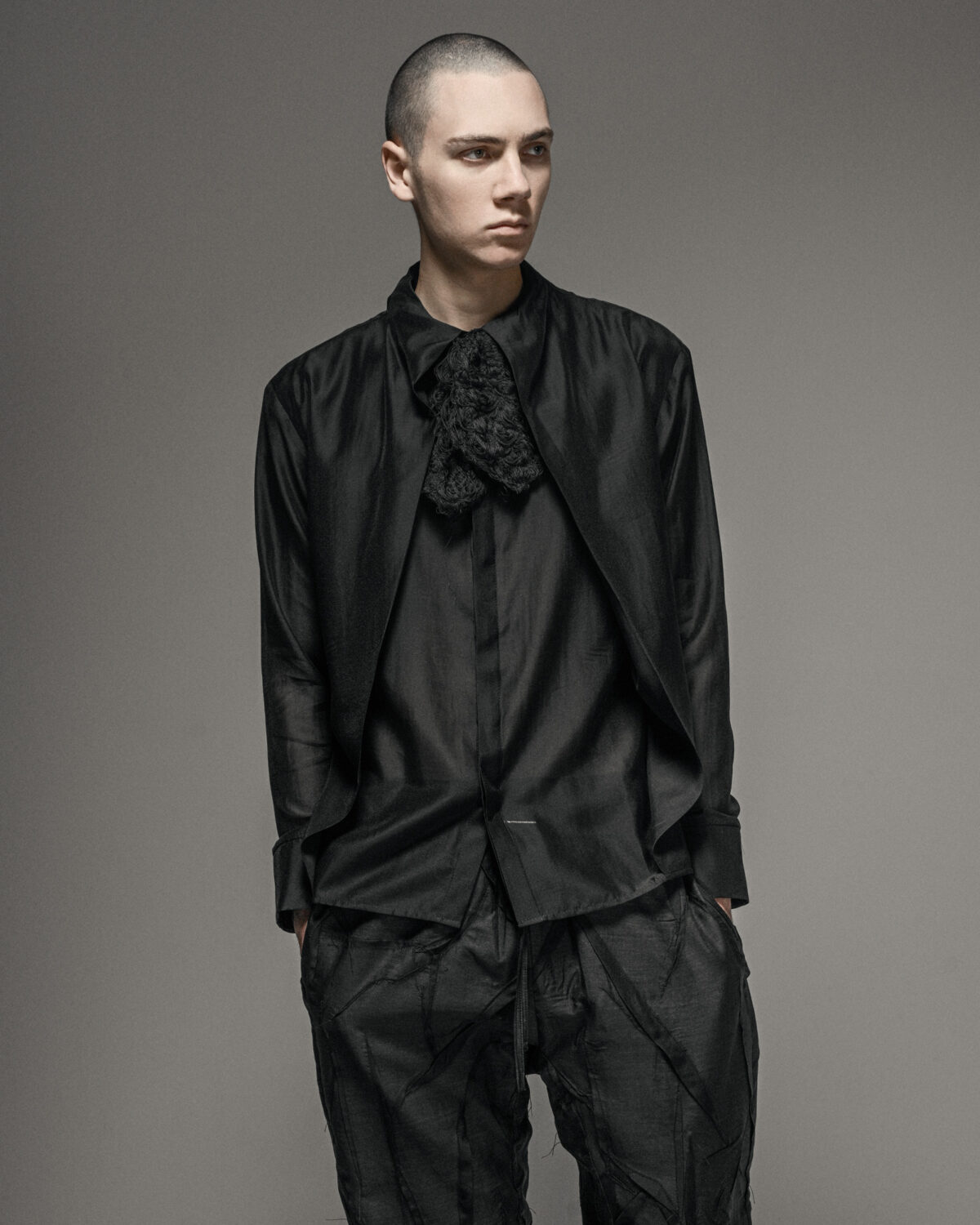 MINOAR - Radiant Semi-Sheer Layers Shirt, Men's black lyocell shirt with semi-sheer fabric - 6