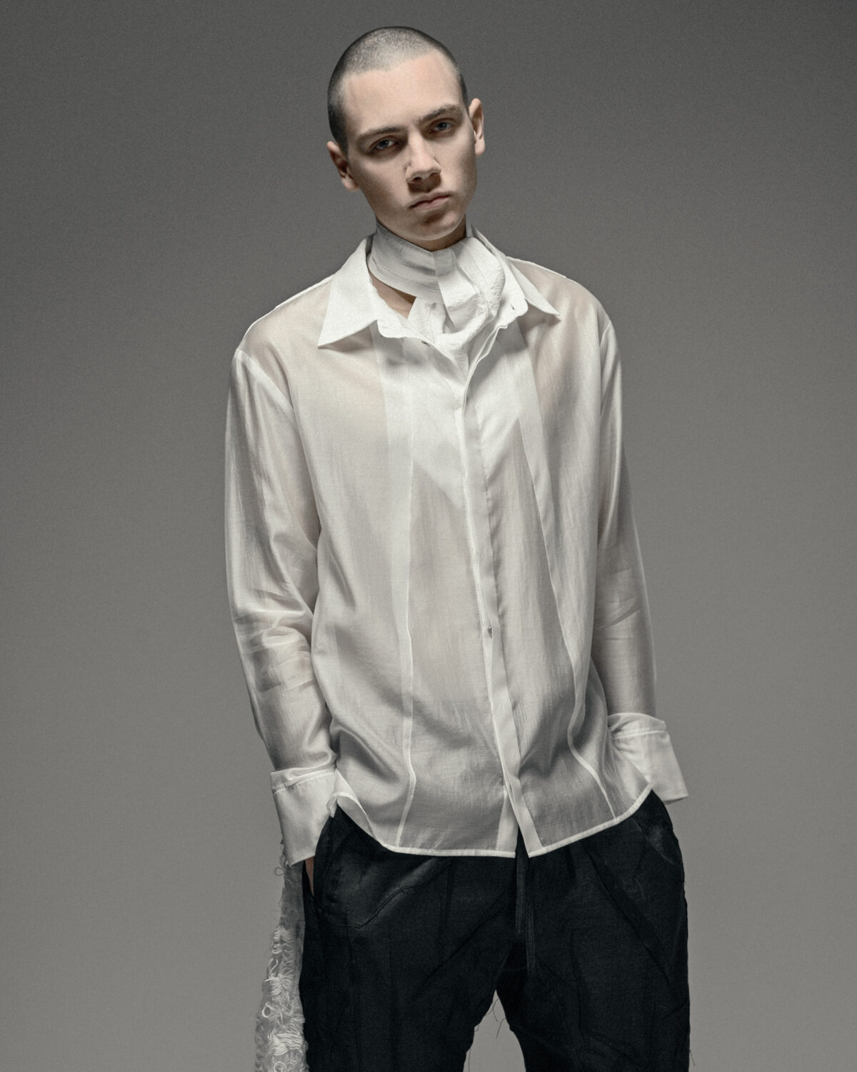 MINOAR - Radiant White Bone Collar Shirt, Men's white lyocell shirt with semi-sheer fabric - 7