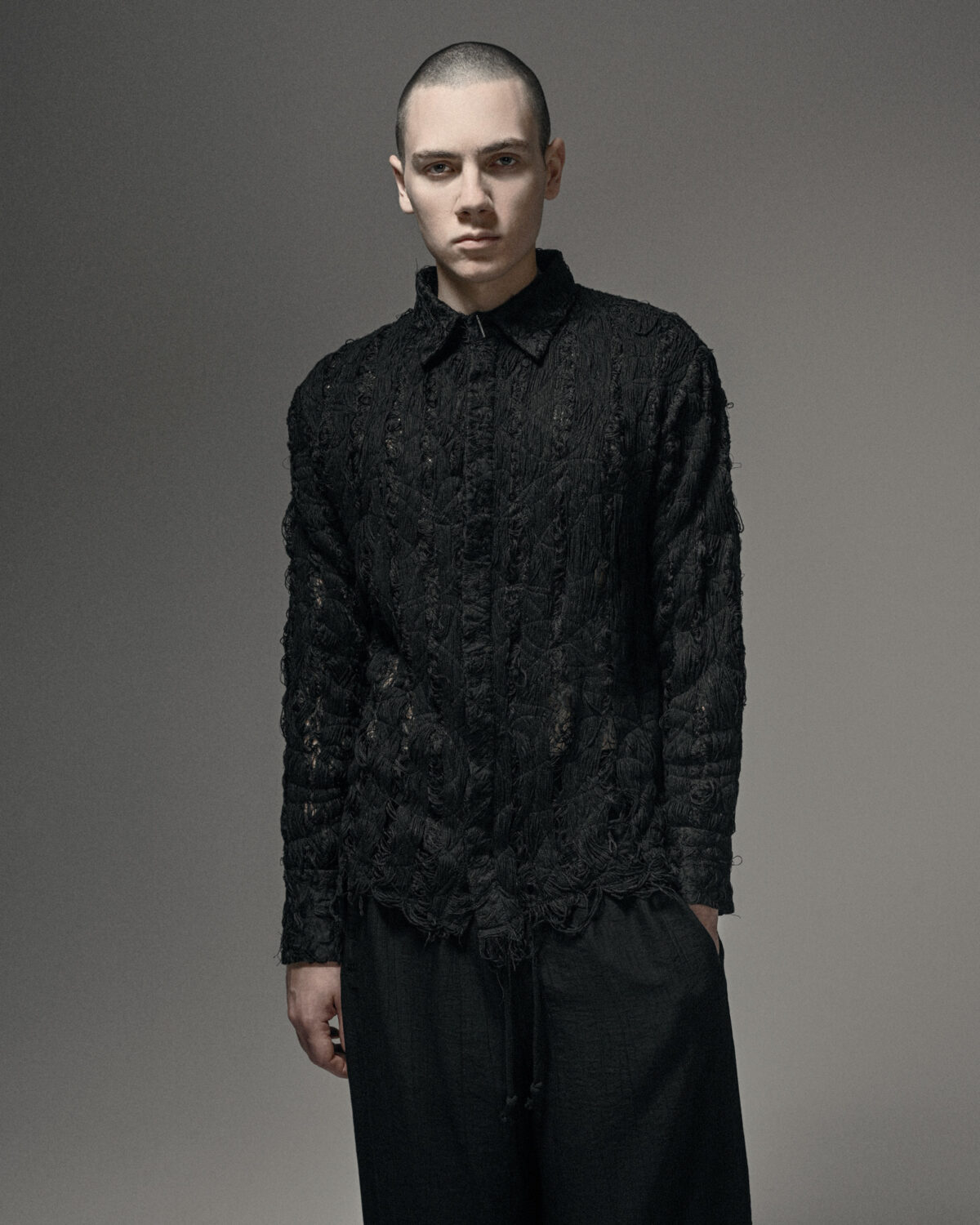 MINOAR - Filamentous Collar Dark Shirt, Men's black cotton shirt with Fiber-Bond texture - 6
