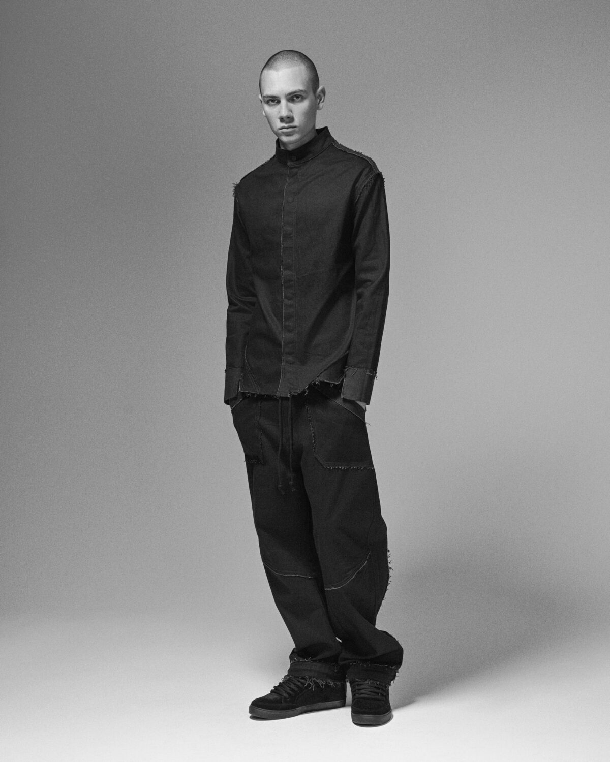 MINOAR - Fracture Deconstruct Denim Shirt, Men's black cotton shirt with raw frayed edges - 5