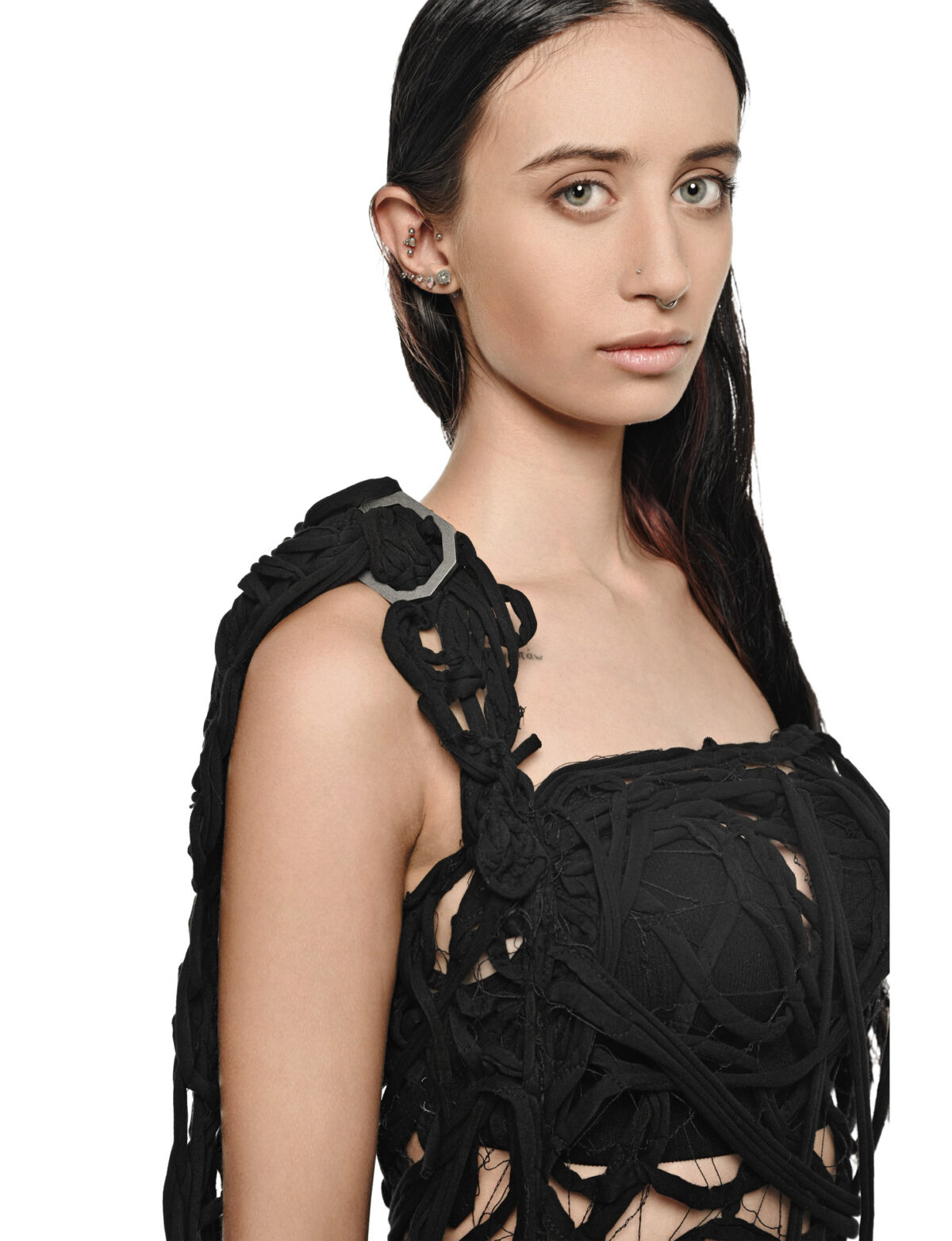 MINOAR - Atlas Fiber Bond Dress, Women's black cotton dress with Fiber-Bond texture - 6