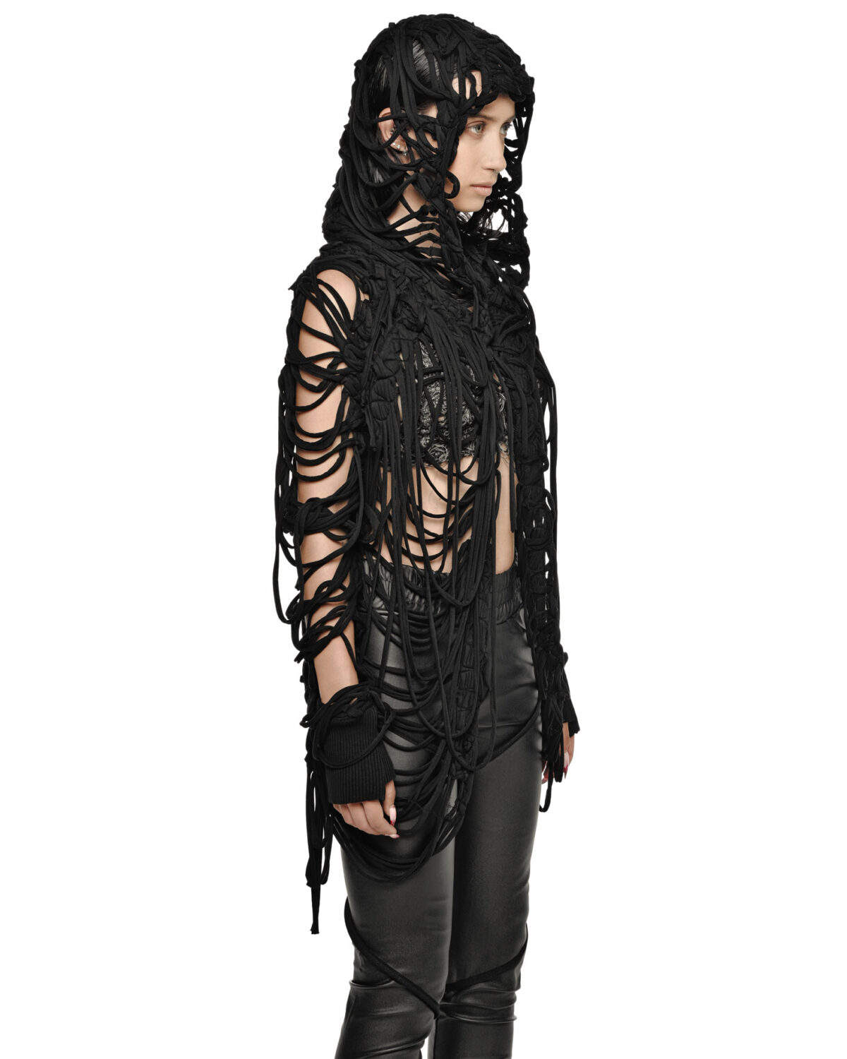 MINOAR - Coeus Dark Hooded Cardigan, Women's black cotton cardigan with Fiber-Bond texture - 7