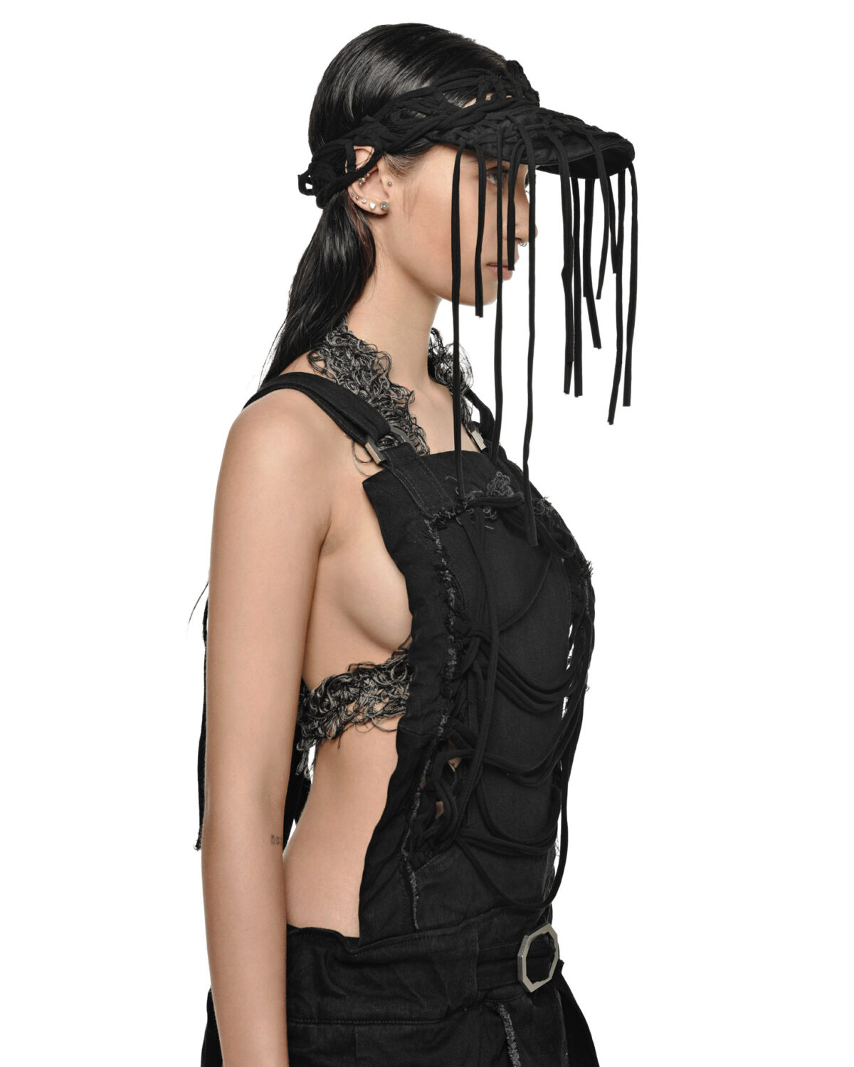 MINOAR - Black Fiber-Bond Cotton Overalls, Women's black cotton overalls with Fiber-Bond texture - 5