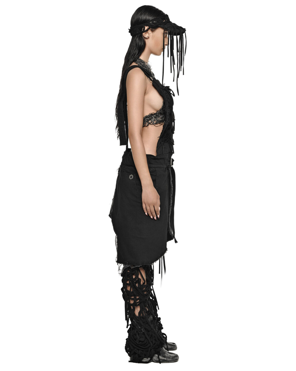 MINOAR - Black Fiber-Bond Cotton Overalls, Women's black cotton overalls with Fiber-Bond texture - 4