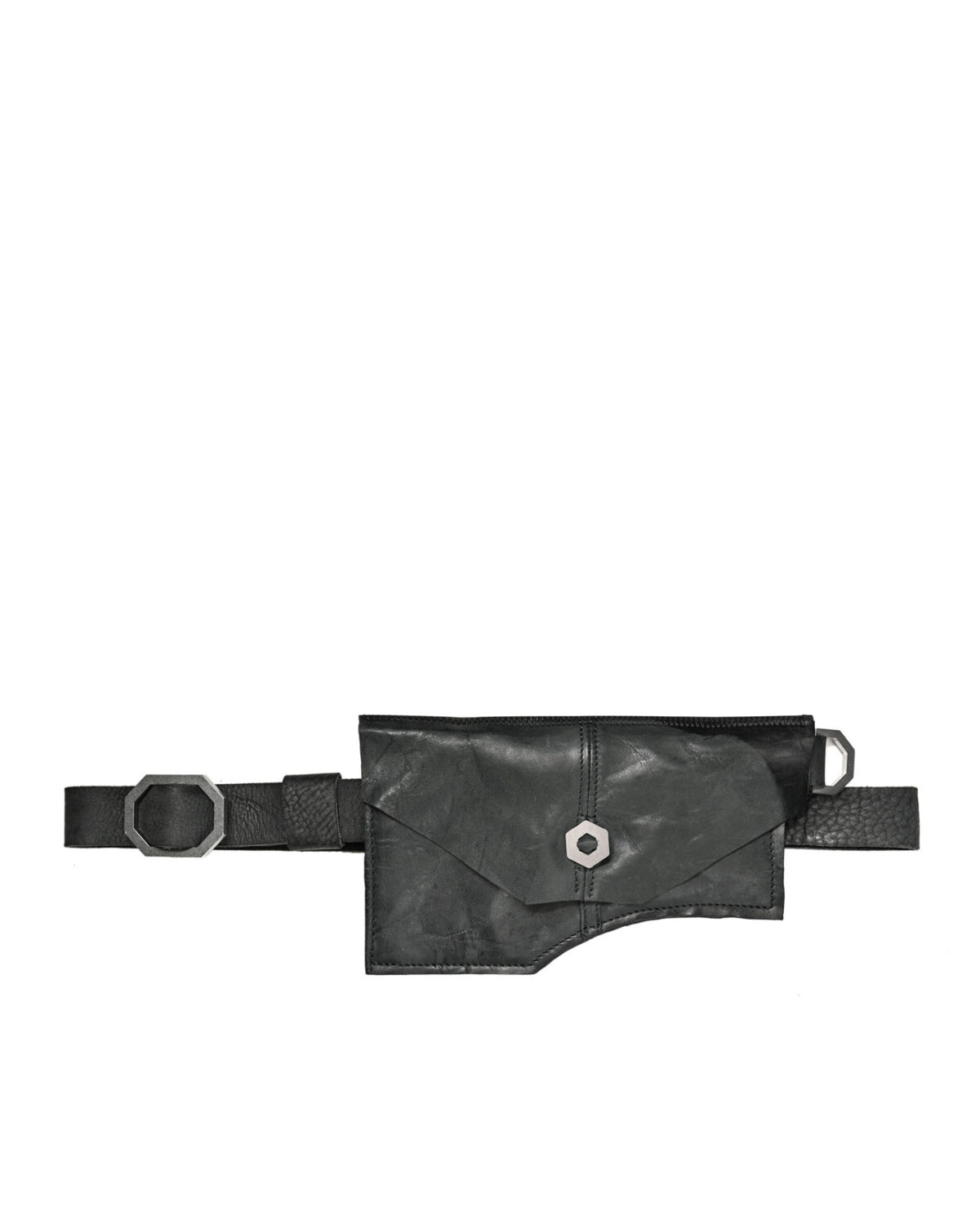 MINOAR - Asymmetrical Leather Belt Purse, Unisex black leather with steel hardware detail - 4