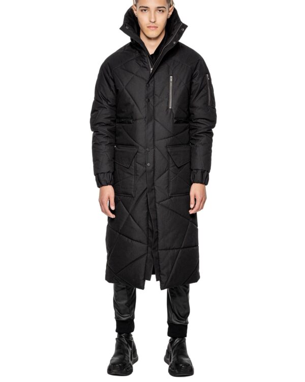MINOAR - Aspect Quilted Multi-Pocket Coat, Men's black cotton coat with diagonal welt pockets - 1
