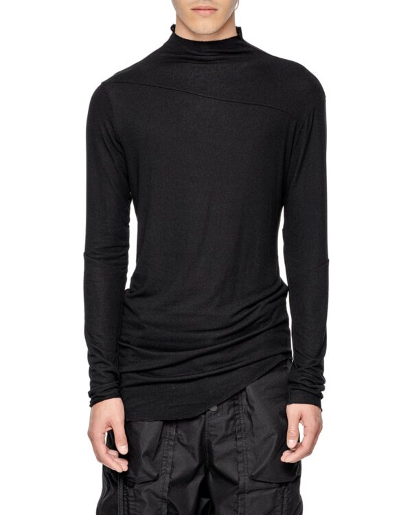 MINOAR - Seamless Collar Long Sleeve Top, Men's black viscose top with ribbed knit texture - 1