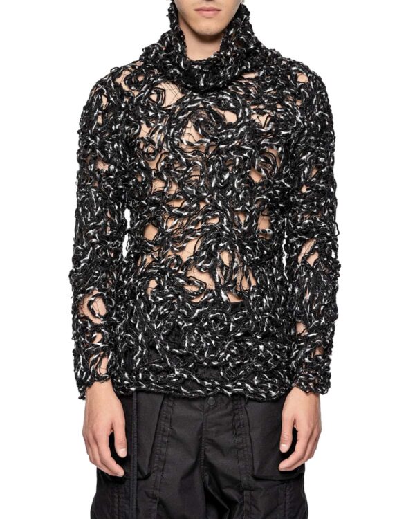 MINOAR - Aeriform Dark Contrast Fiber Bond Sweater, Men's black wool sweater with Fiber-Bond texture - 1