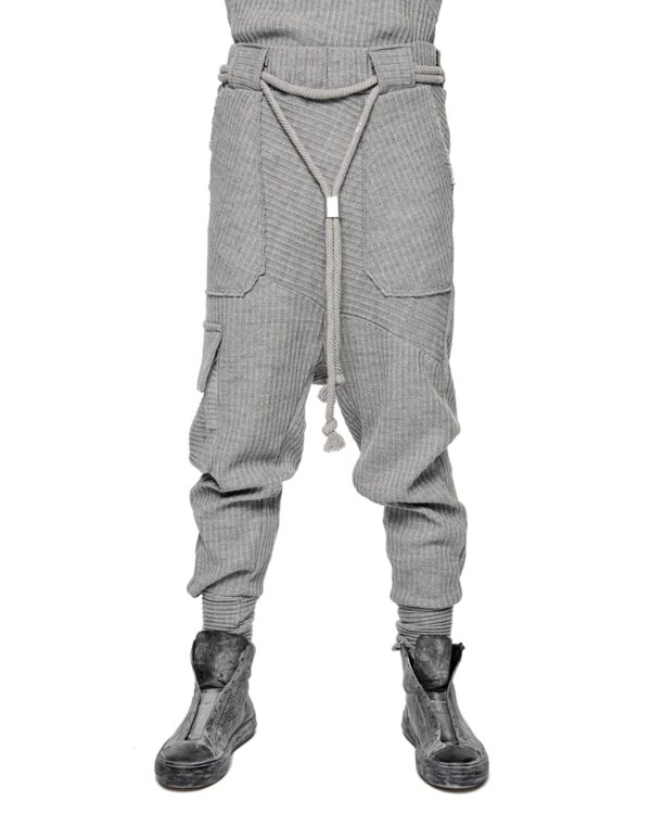 MINOAR - Deconstruct Volume Cargo Track Pants, Men's black wool pants with drop-crotch silhouette - 1