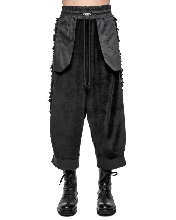 MINOAR - Velvet Fiber Bond Wide Crop Pants, Men's black cotton pants with drop-crotch silhouette - 1