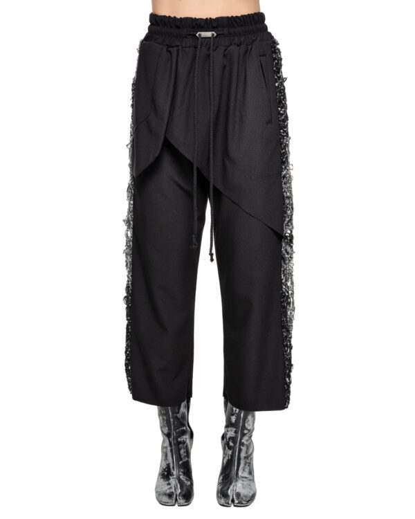 MINOAR - Wool Layered Fiber Bond Detail Pants, Women's black wool pants with diagonal welt pockets detail - 1