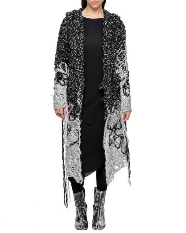 MINOAR - Phase Fiber Bond Dark Hooded Cardigan, Women's black wool cardigan with Fiber-Bond texture - 1