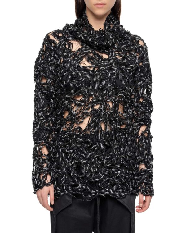 MINOAR - Aeriform Dark Contrast Fiber Bond Sweater, Women's black wool sweater with Fiber-Bond texture - 1