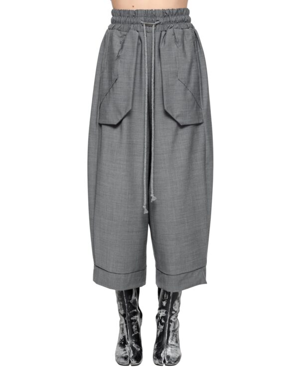 MINOAR - External Cropped Loose Grey Trousers, Women's black wool trousers with drop-crotch silhouette - 1