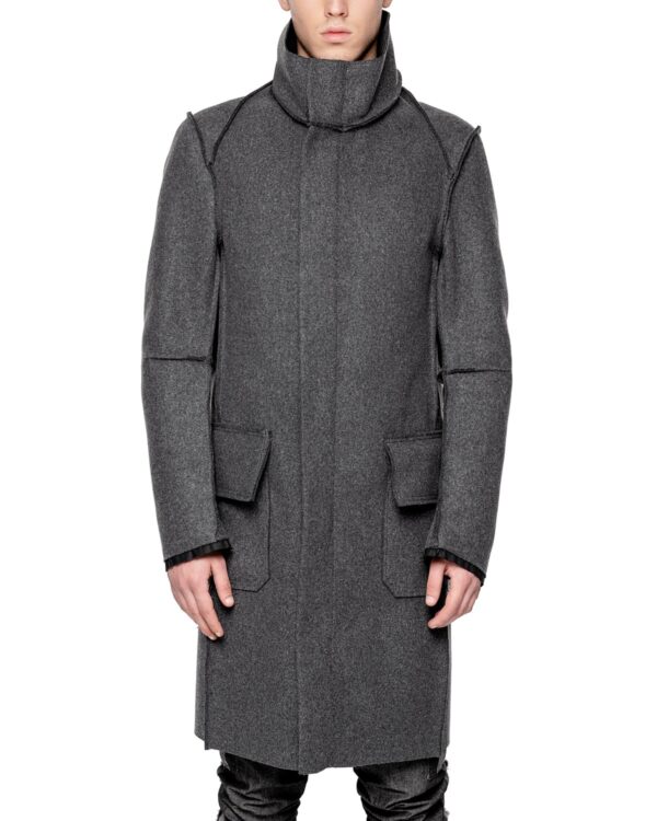 MINOAR - Wool Reversed Raw High Neck Coat, Men's black wool coat with steel hardware detail - 1