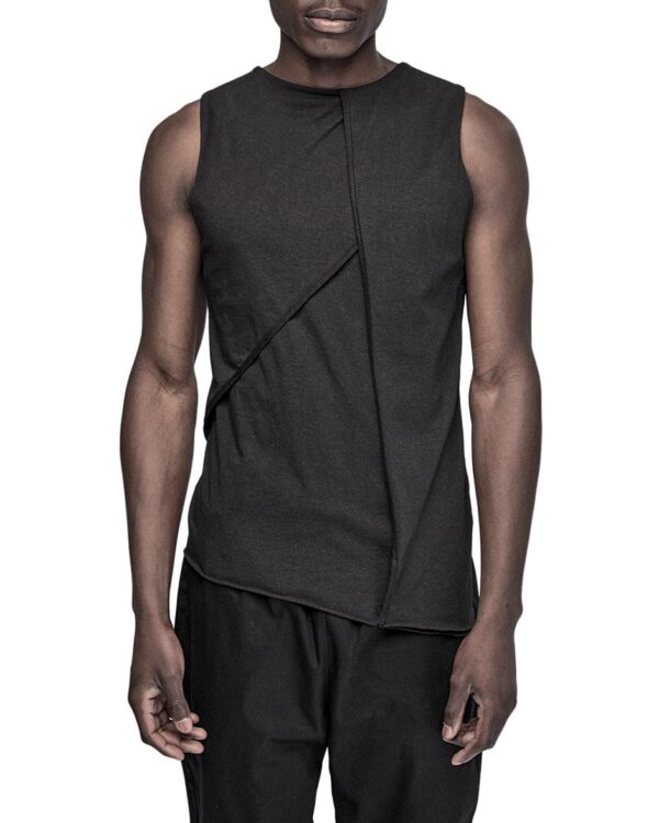 MINOAR - Composition Layered Panel Sleeveless Top, Men's black cotton top with layered construction - 1