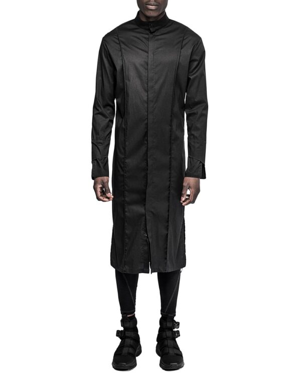 MINOAR - Linear Elongated Double Cuff Shirt, Men's black cotton shirt with raised collar - 1