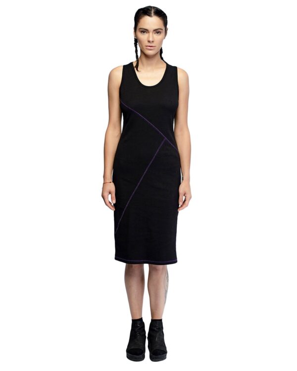 MINOAR - Angular Segment Elongated Dress Top, Women's black cotton dress with layered construction - 1