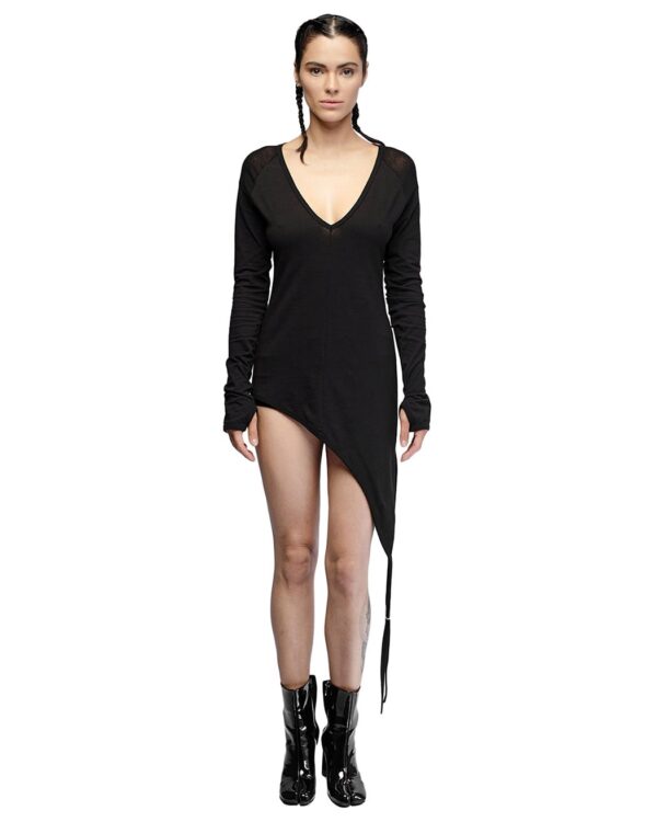 MINOAR - Asymmetric Elongated Long Sleeve Top, Women's black cotton top with semi-sheer fabric - 1