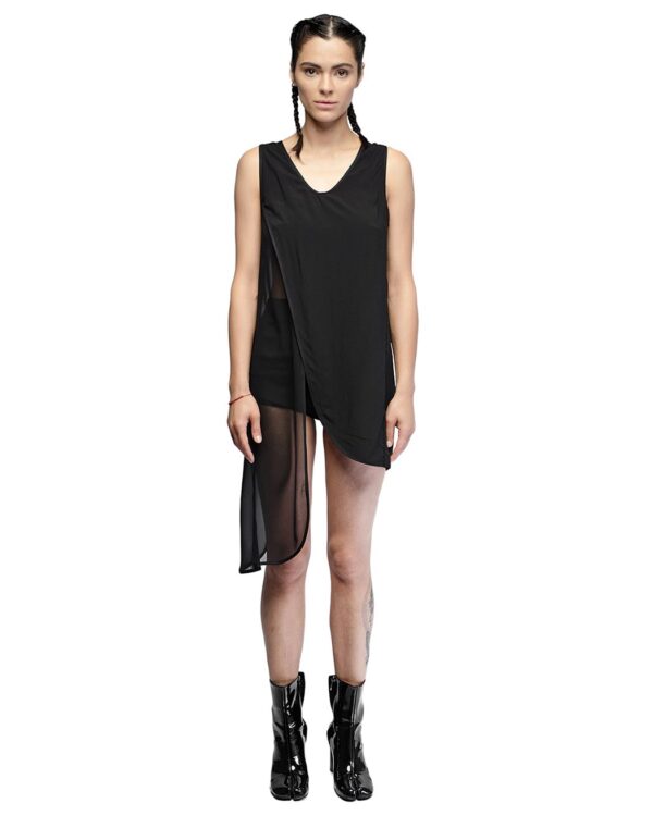 MINOAR - Asymmetric Layered Sleeveless Top, Women's black silk top with semi-sheer fabric - 1
