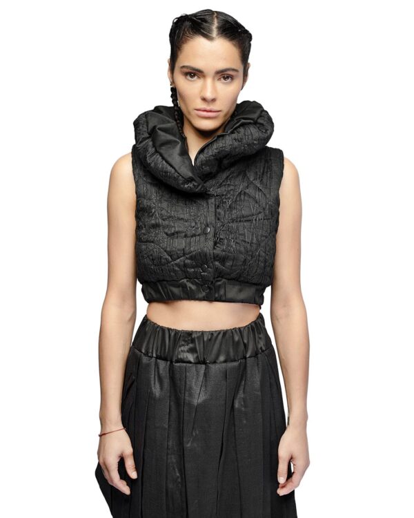 MINOAR - Linear Fiber Bond Collar Vest, Women's black cotton vest with Fiber-Bond texture - 1