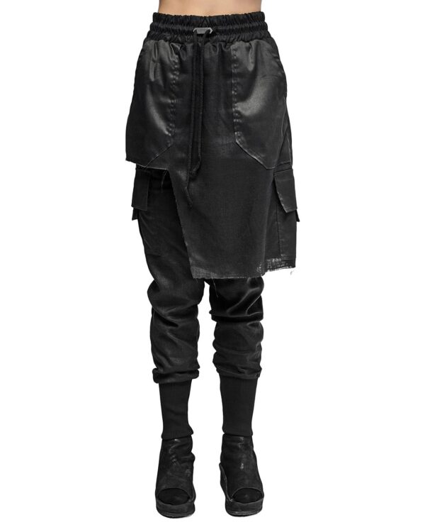 MINOAR - Quark Linen Cargo Layered Skirt Trousers, Women's black cotton trousers with cargo pocket detail - 1