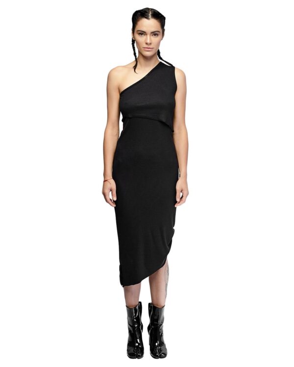 MINOAR - Soft Layered Single Shoulder Rib Knit Dress, Women's black cotton dress with layered construction - 1