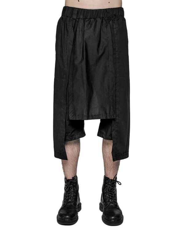 MINOAR - Layered Panels Skirt-Shorts, Men's black cotton shorts with diagonal welt pockets - 1