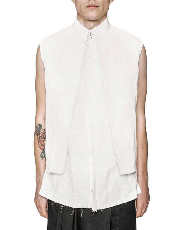 MINOAR - Layered Sleeveless White Collar Shirt, Men's white linen shirt with layered construction - 1