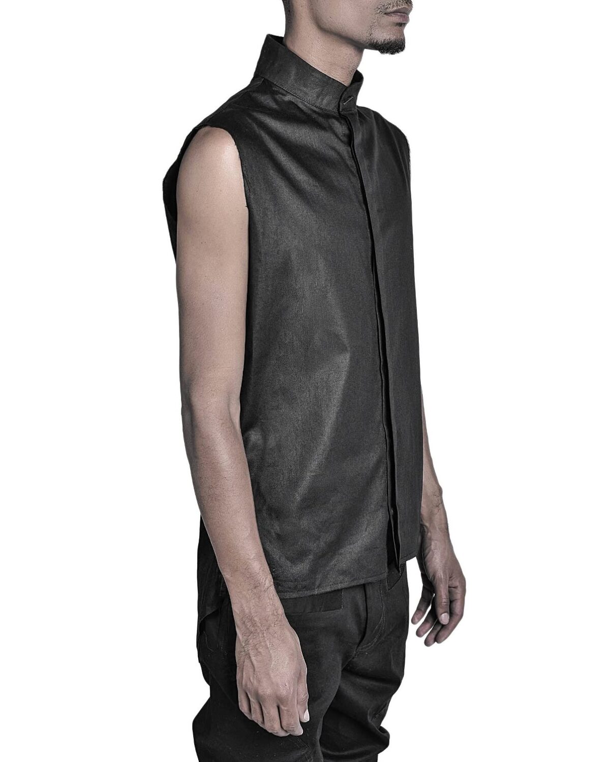 MINOAR - SLEEVELESS COLLAR SHIRT, Men's black cotton shirt with raised collar - 3
