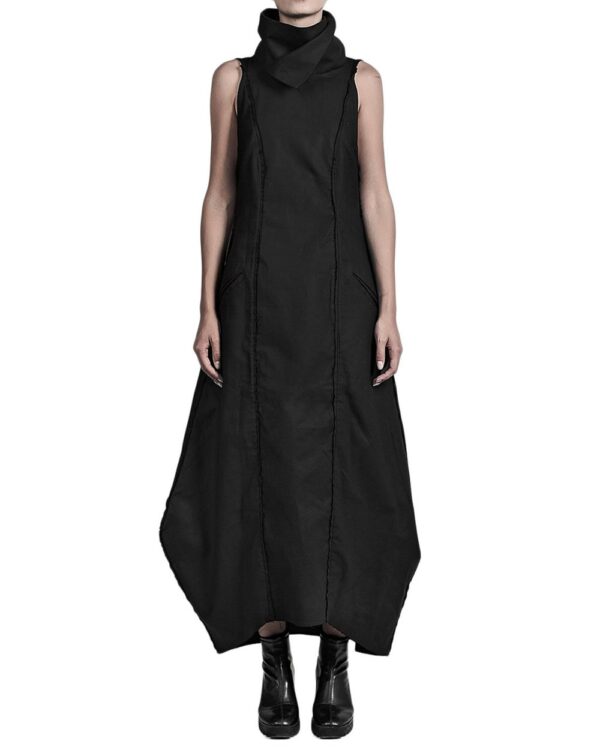 MINOAR - Constructive long collar dress, Women's black cotton dress with panel construction - 1
