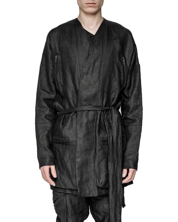 MINOAR - Utility Wrapper Linen Coat, Men's black linen coat with cargo pocket detail - 1