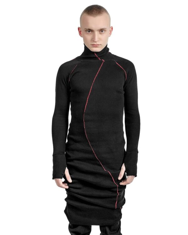 MINOAR - Elongated Scar Turtleneck Top, Men's black cotton top with thumb openings - 1
