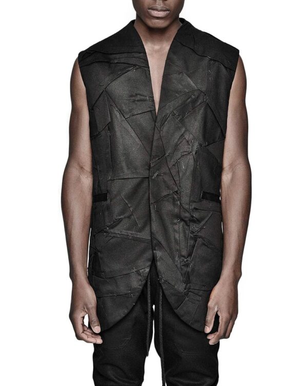 MINOAR - Crushed Sleeveless Vest Blazer, Men's black cotton vest with Crushed texture - 1