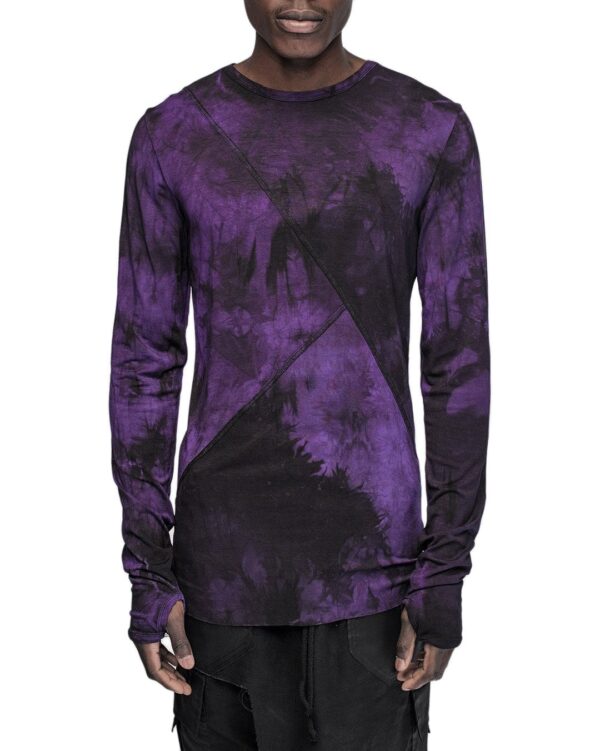 MINOAR - Segment Dyed Violet Long Sleeve Top, Men's black cotton top with ribbed knit texture - 1