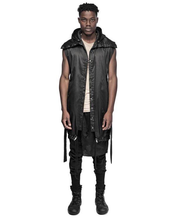 MINOAR - Hooded Cargo Sleeveless Wrap Jacket, Men's black cotton jacket with cargo pocket detail - 1