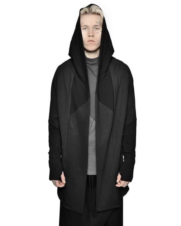 MINOAR - Construct Rugam Hood Cardigan, Men's black cotton cardigan with multi-panel construction - 1