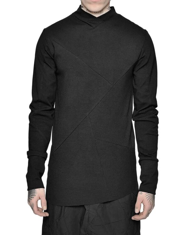 MINOAR - Paneled Collar Longsleeve Top, Men's black cotton top with multi-panel construction - 1