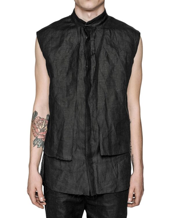 MINOAR - Layered Sleeveless Collar Shirt, Men's black linen shirt with layered construction - 1