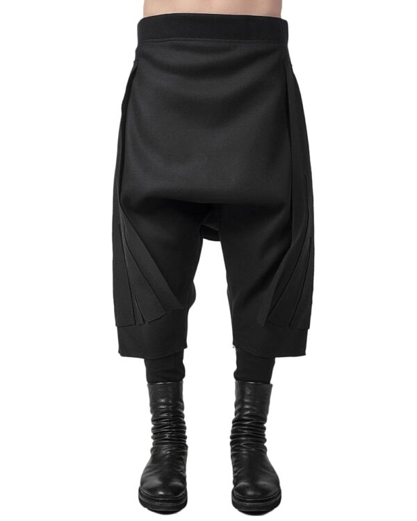 MINOAR - WOOL DROPCROTCH SLIT SHORTS, Men's black wool shorts with drop-crotch silhouette - 1