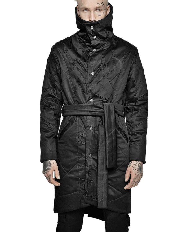 MINOAR - Crushed High Neck Wrapper Coat, Men's black cotton coat with Crushed texture - 1