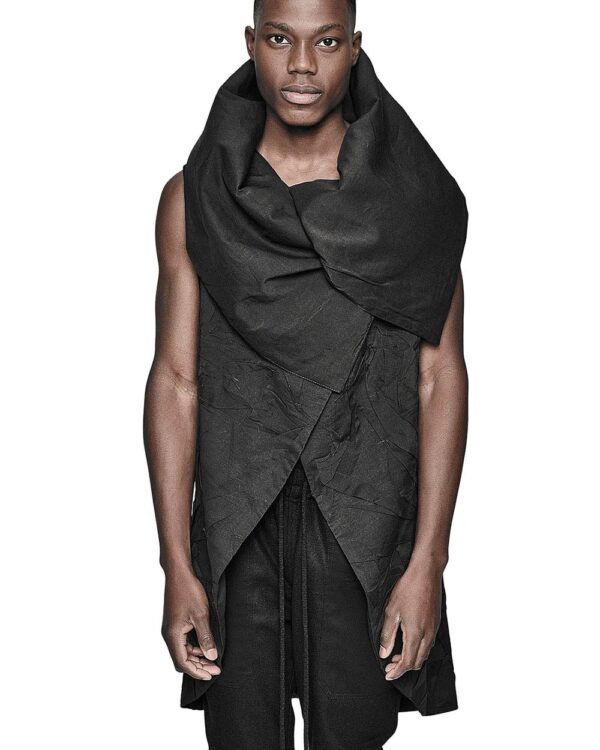 MINOAR - Soft Crushed Sleeveless Cardigan, Men's black cotton cardigan with Crushed texture - 1