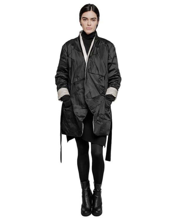 MINOAR - Crushed Tech Wrapper Coat, Women's black cotton coat with Crushed texture - 1