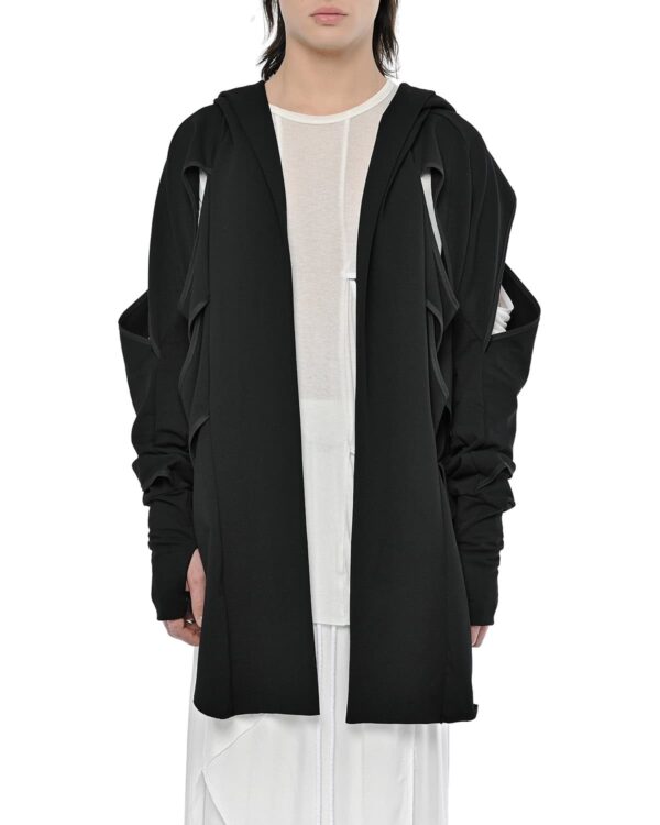 MINOAR - External Division Cardigan, Men's black cotton cardigan with thumb openings - 1