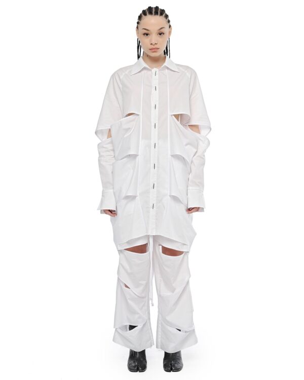MINOAR - Division Cut Linear Collar Shirt, Women's white cotton shirt with slit openings - 1